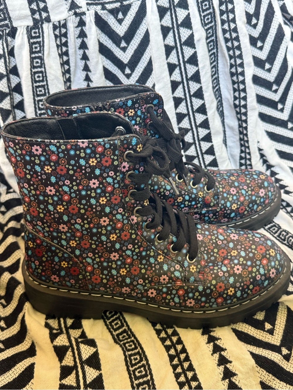 Sugar Floral Combat Boots in Black with Multicolor Flowers